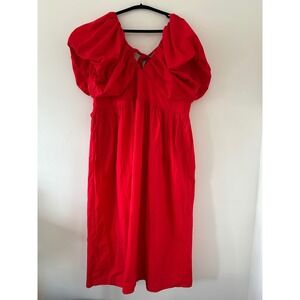 J.Crew Organic Cotton Puff Sleeve Tie Back Midi Dress Red Plus Size 24 NWT